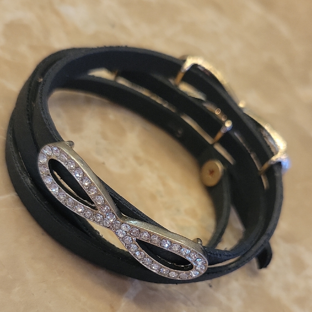 Black Leather Infinity Bracelet with three sliding charms.
